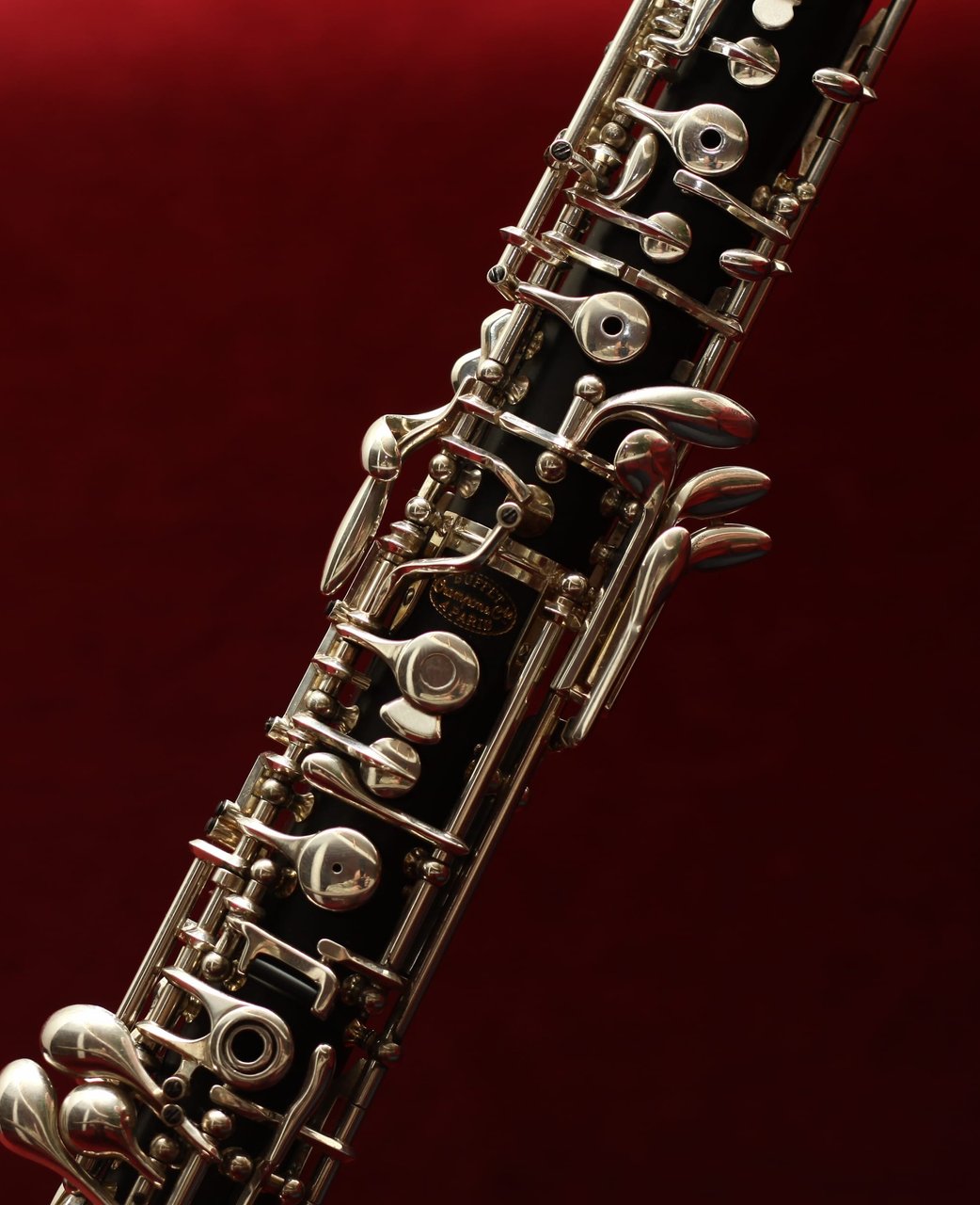 Close-up of the silver keywork on an oboe