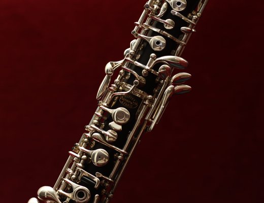 Close-up of the silver keywork on an oboe